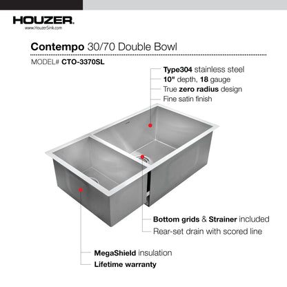 Houzer Contempo 33 inch Stainless Steel Undermount 70/30 Double Left Prep Bowl Kitchen Sink with Strainers & Grids - CTO-3370SL