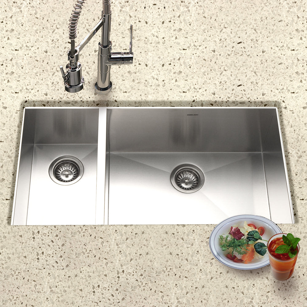 Houzer Contempo 33 inch Stainless Steel Undermount 70/30 Double Left Prep Bowl Kitchen Sink with Strainers & Grids - CTO-3370SL