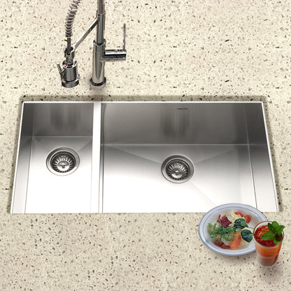 Houzer Contempo 33 inch Stainless Steel Undermount 70/30 Double Left Prep Bowl Kitchen Sink with Strainers & Grids - CTO-3370SL