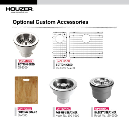 Houzer Contempo 33 inch Stainless Steel Undermount 70/30 Double Left Prep Bowl Kitchen Sink with Strainers & Grids - CTO-3370SL
