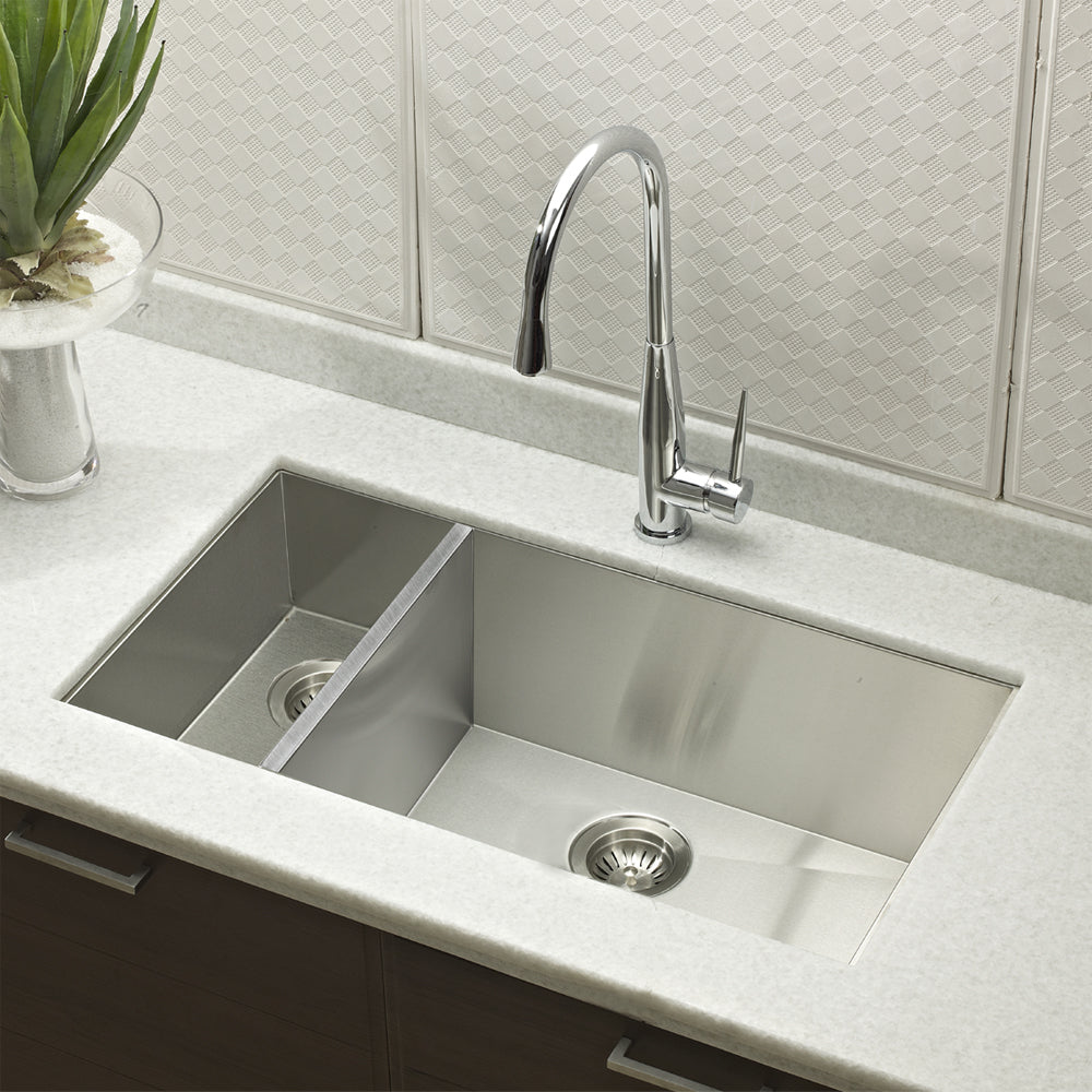 Houzer Contempo 33 inch Stainless Steel Undermount 70/30 Double Left Prep Bowl Kitchen Sink with Strainers & Grids - CTO-3370SL
