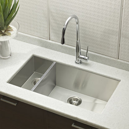 Houzer Contempo 33 inch Stainless Steel Undermount 70/30 Double Left Prep Bowl Kitchen Sink with Strainers & Grids - CTO-3370SL