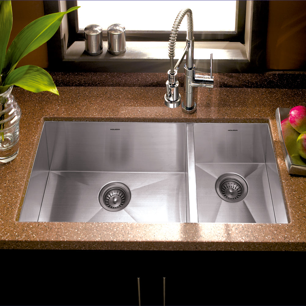 Houzer Contempo 33 inch Stainless Steel Undermount 70/30 Double Right Prep Bowl Kitchen Sink with Strainers & Grids - CTO-3370SR
