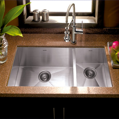 Houzer Contempo 33 inch Stainless Steel Undermount 70/30 Double Right Prep Bowl Kitchen Sink with Strainers & Grids - CTO-3370SR