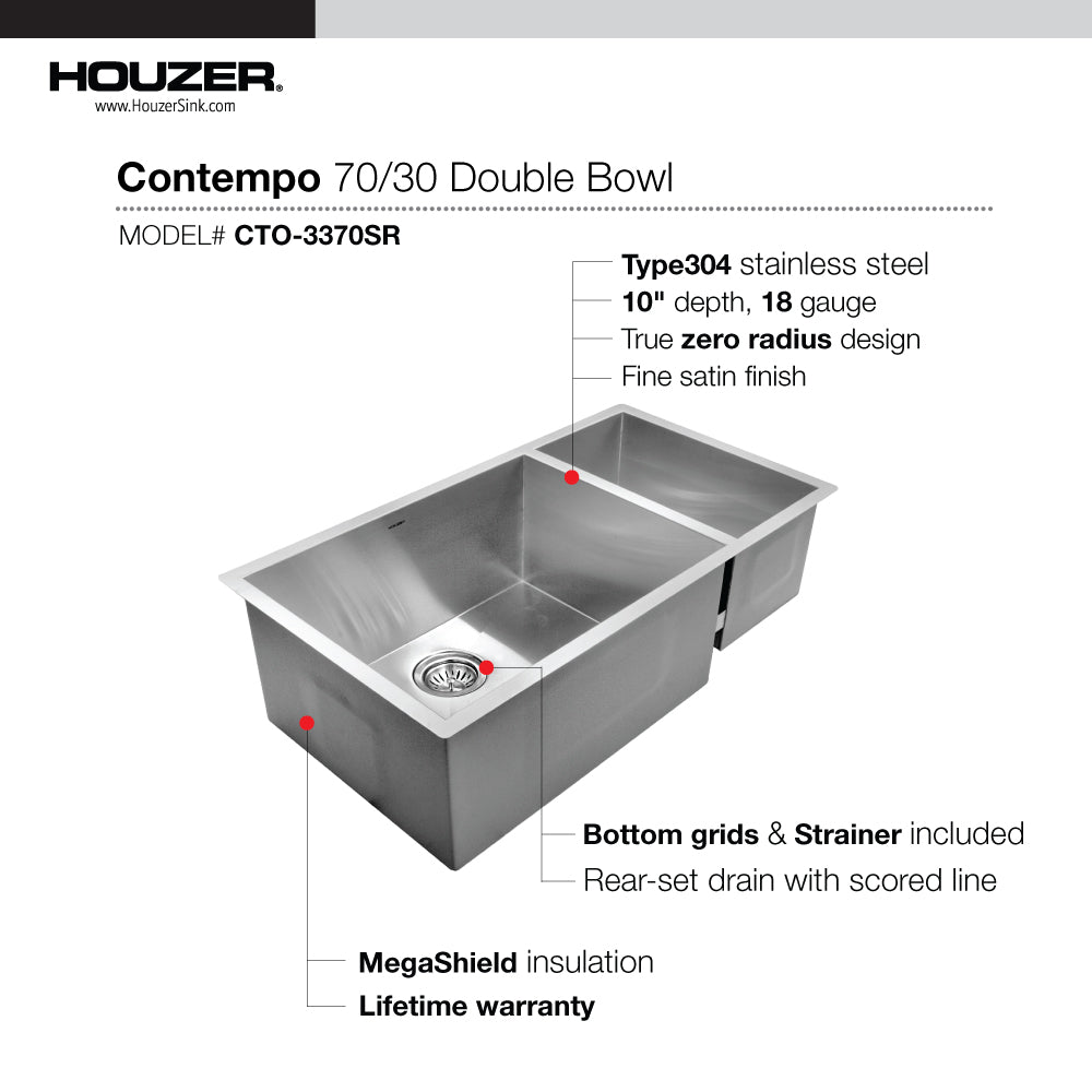 Houzer Contempo 33 inch Stainless Steel Undermount 70/30 Double Right Prep Bowl Kitchen Sink with Strainers & Grids - CTO-3370SR