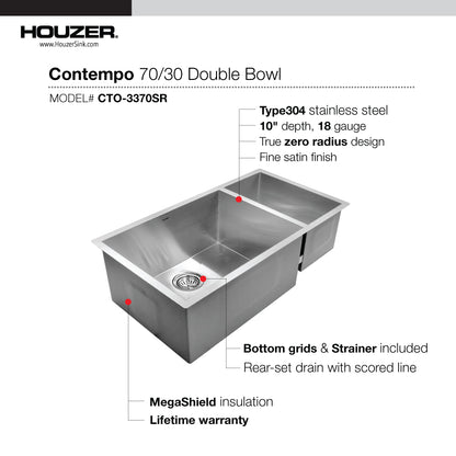 Houzer Contempo 33 inch Stainless Steel Undermount 70/30 Double Right Prep Bowl Kitchen Sink with Strainers & Grids - CTO-3370SR