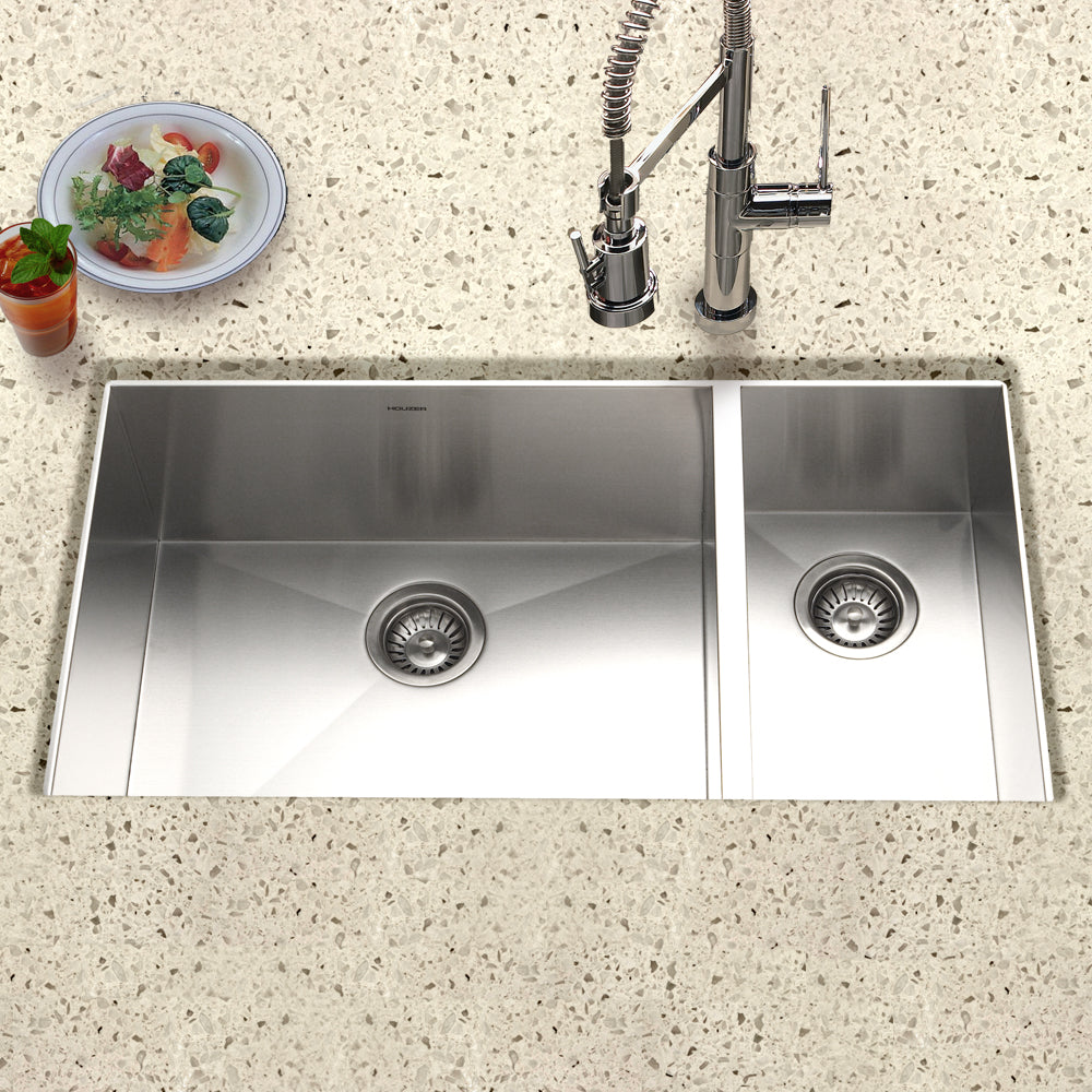 Houzer Contempo 33 inch Stainless Steel Undermount 70/30 Double Right Prep Bowl Kitchen Sink with Strainers & Grids - CTO-3370SR