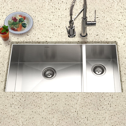 Houzer Contempo 33 inch Stainless Steel Undermount 70/30 Double Right Prep Bowl Kitchen Sink with Strainers & Grids - CTO-3370SR