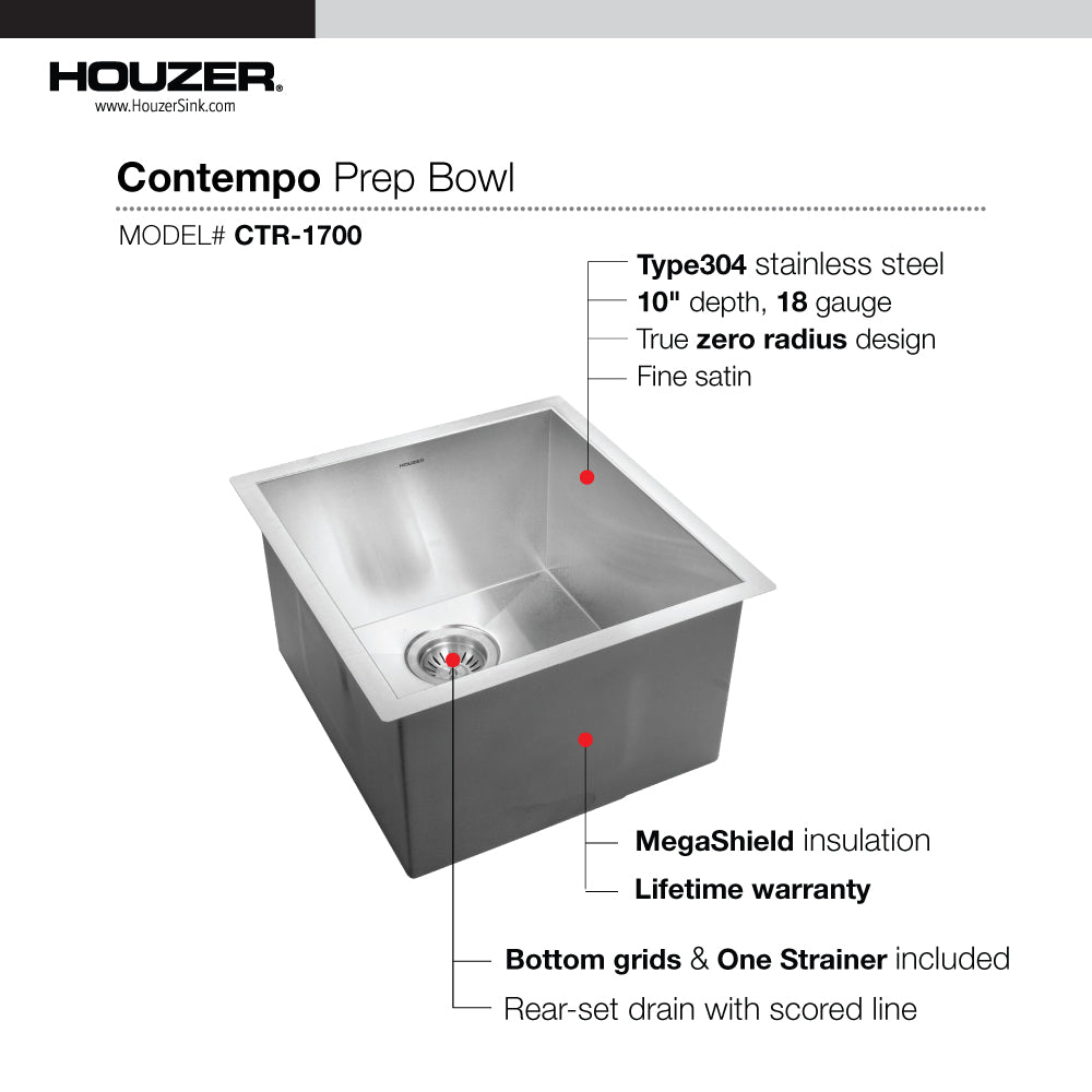 Houzer Contempo 17 inch Stainless Steel Undermount Single Bowl Bar Sink with Strainer & Grid - CTR-1700