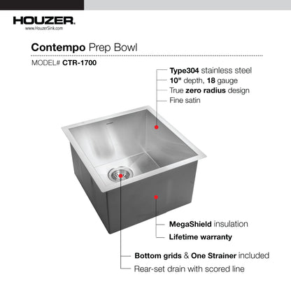Houzer Contempo 17 inch Stainless Steel Undermount Single Bowl Bar Sink with Strainer & Grid - CTR-1700