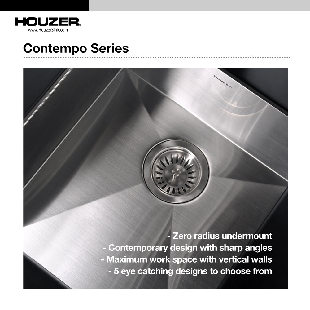 Houzer Contempo 17 inch Stainless Steel Undermount Single Bowl Bar Sink with Strainer & Grid - CTR-1700