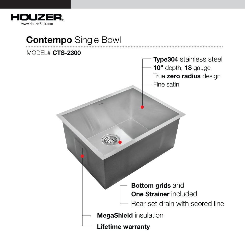 Houzer Contempo 23 inch Undermount Single Bowl Stainless Steel Kitchen Sink with Strainer & Grid, CTS-2300