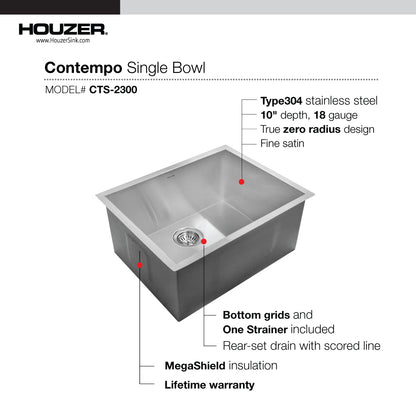 Houzer Contempo 23 inch Undermount Single Bowl Stainless Steel Kitchen Sink with Strainer & Grid, CTS-2300