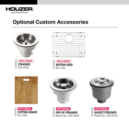 Houzer Contempo 23 inch Undermount Single Bowl Stainless Steel Kitchen Sink with Strainer & Grid, CTS-2300