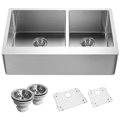 Houzer Epicure 33 inch Apron Front 60/40 Double Bowl Kitchen Sink, Small Right Bowl  with Strainer & Grids - END-3360SR