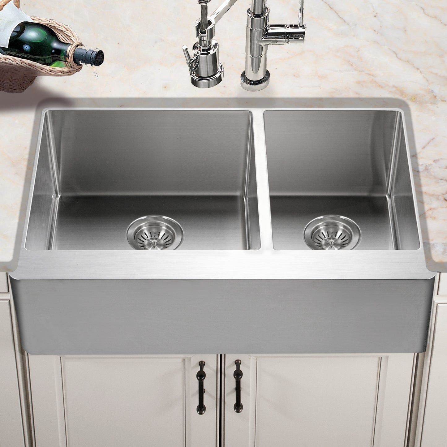 Houzer Epicure 33 inch Apron Front 60/40 Double Bowl Kitchen Sink, Small Right Bowl  with Strainer & Grids - END-3360SR