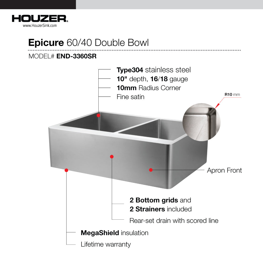 Houzer Epicure 33 inch Apron Front 60/40 Double Bowl Kitchen Sink, Small Right Bowl  with Strainer & Grids - END-3360SR