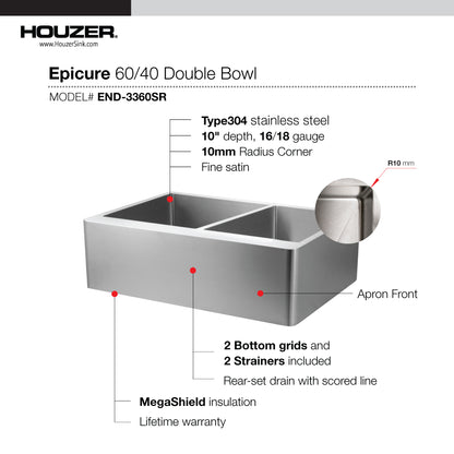 Houzer Epicure 33 inch Apron Front 60/40 Double Bowl Kitchen Sink, Small Right Bowl  with Strainer & Grids - END-3360SR