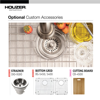 Houzer Epicure 33 inch Apron Front 60/40 Double Bowl Kitchen Sink, Small Right Bowl  with Strainer & Grids - END-3360SR
