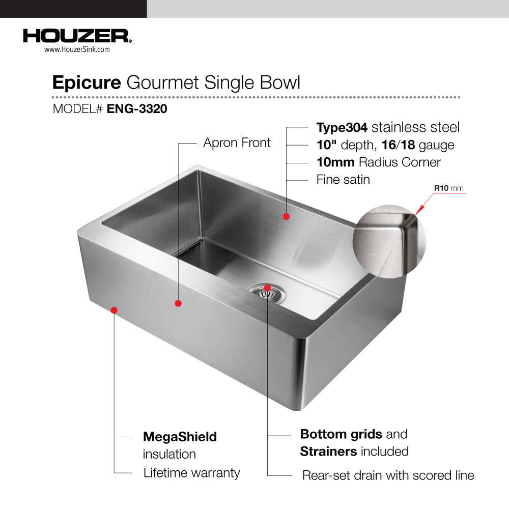 Houzer Epicure 33 inch Stainless Steel Apron Front Single Bowl Kitchen Sink with Strainer & Grid - ENG-3320