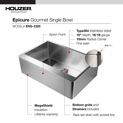 Houzer Epicure 33 inch Stainless Steel Apron Front Single Bowl Kitchen Sink with Strainer & Grid - ENG-3320