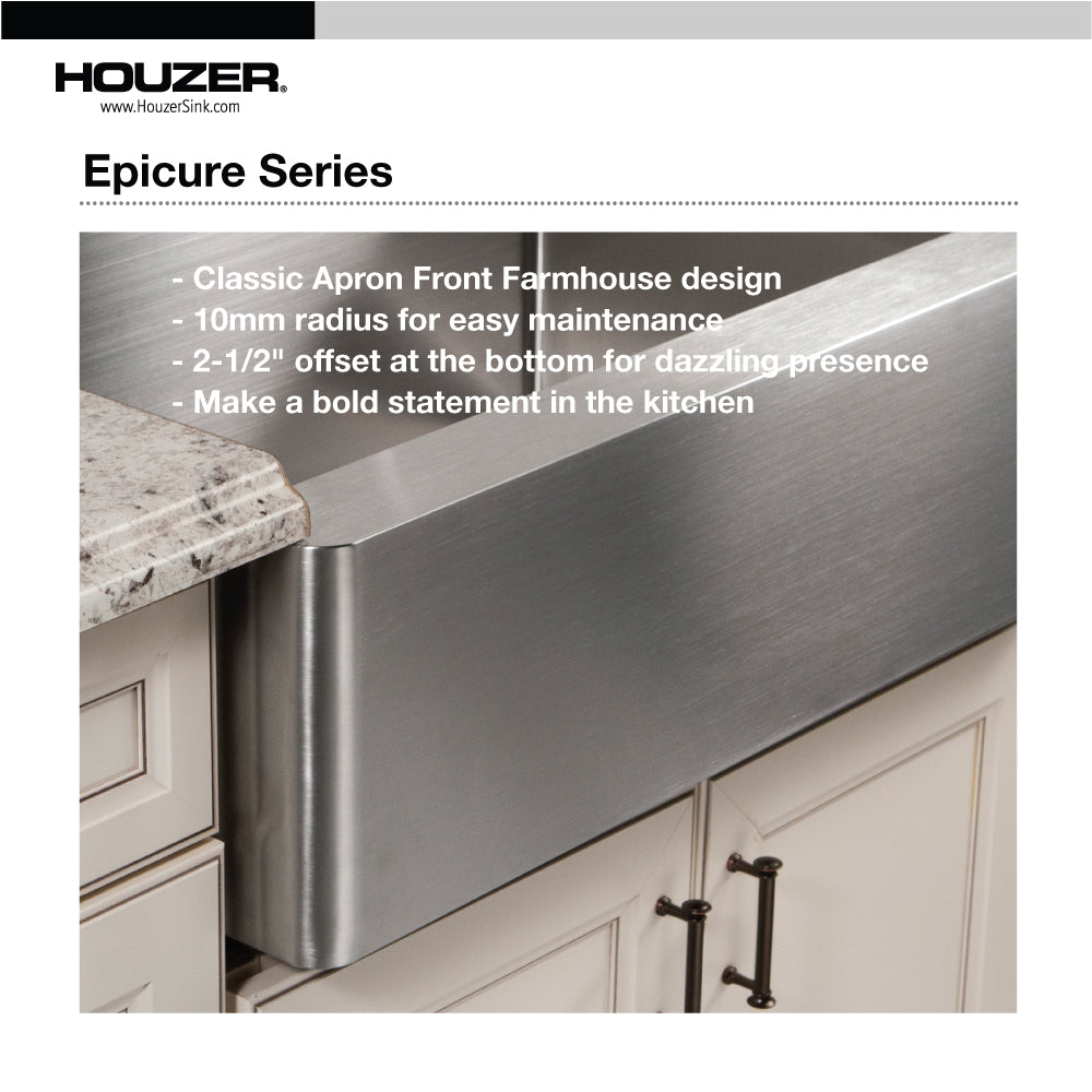 Houzer Epicure 33 inch Stainless Steel Apron Front Single Bowl Kitchen Sink with Strainer & Grid - ENG-3320
