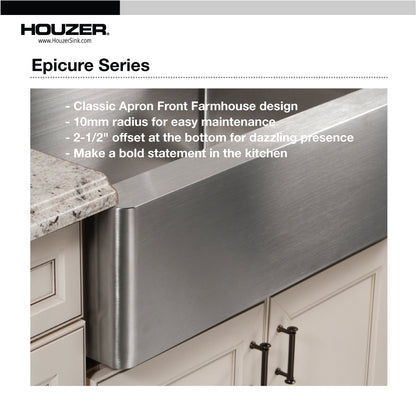 Houzer Epicure 33 inch Stainless Steel Apron Front Single Bowl Kitchen Sink with Strainer & Grid - ENG-3320