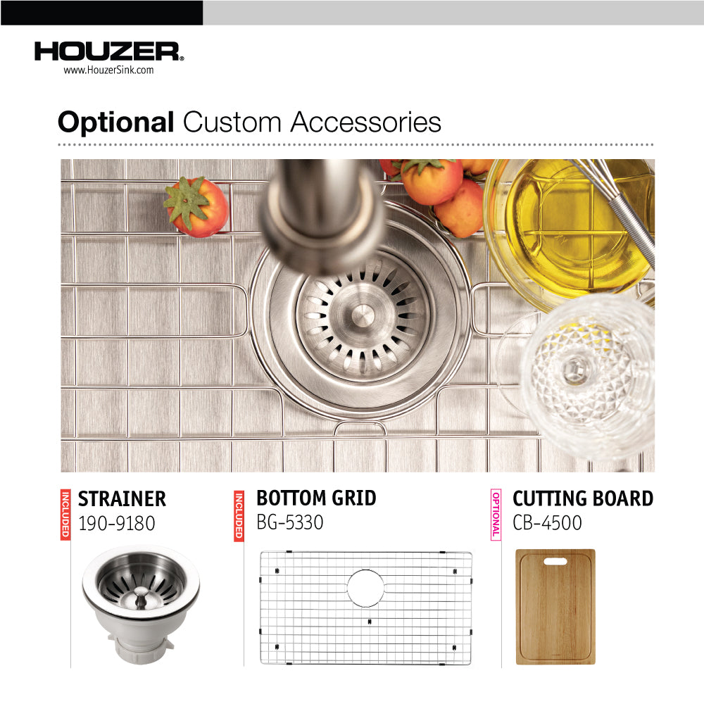 Houzer Epicure 33 inch Stainless Steel Apron Front Single Bowl Kitchen Sink with Strainer & Grid - ENG-3320