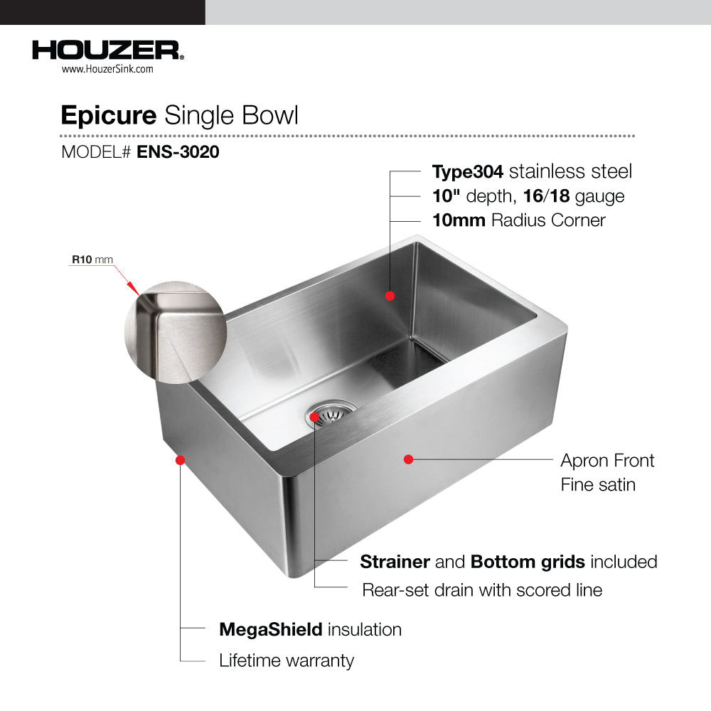 Houzer Epicure 30 inch Apron Front Farmhouse Single Bowl Kitchen Sink with Strainer & Grid - ENS-3020