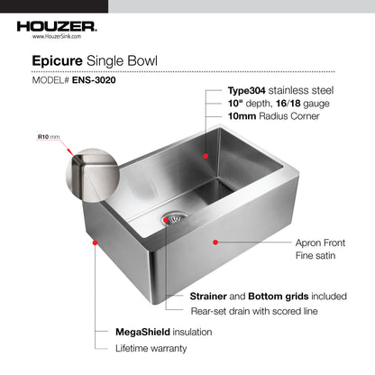Houzer Epicure 30 inch Apron Front Farmhouse Single Bowl Kitchen Sink with Strainer & Grid - ENS-3020