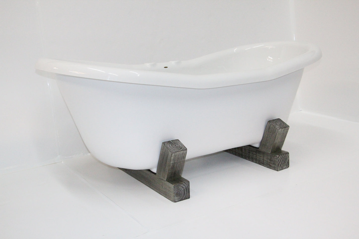 Restoria 68" Farmstead Double Slipper Bathtub with Wood Base – White Acrylic Freestanding Soaking Tub