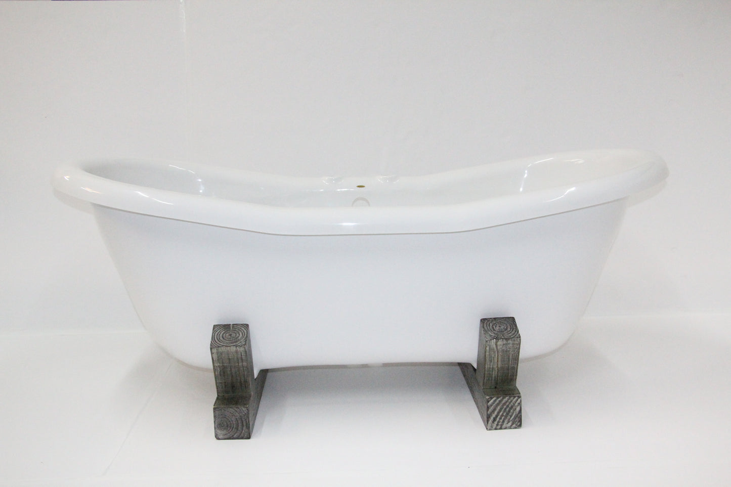 Restoria 68" Farmstead Double Slipper Bathtub with Wood Base – White Acrylic Freestanding Soaking Tub