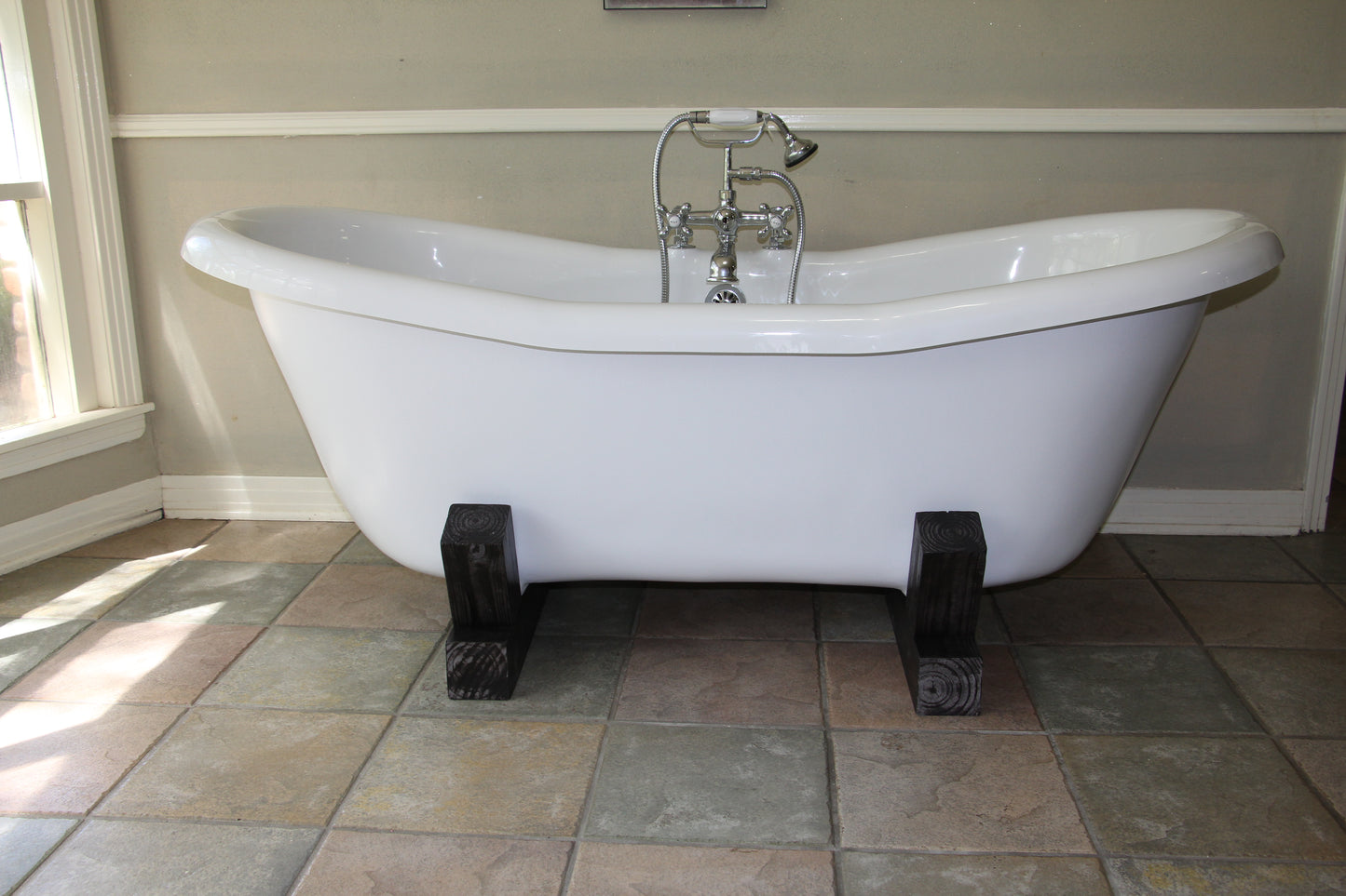 Restoria 68" Farmstead Double Slipper Bathtub with Wood Base – White Acrylic Freestanding Soaking Tub