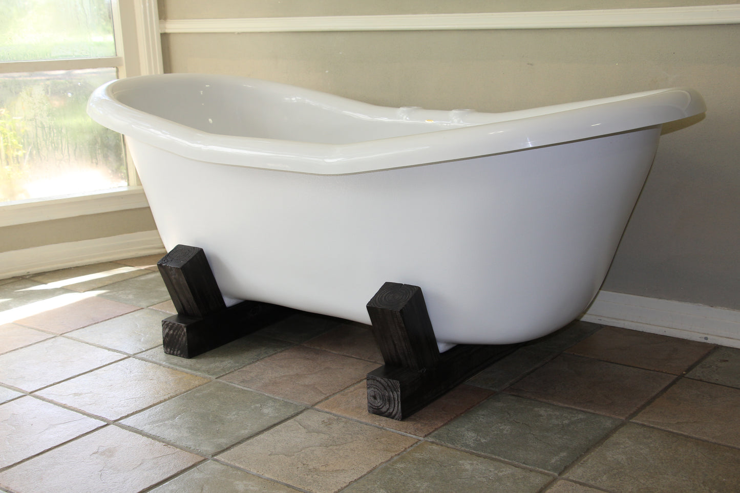 Restoria 68" Farmstead Double Slipper Bathtub with Wood Base – White Acrylic Freestanding Soaking Tub