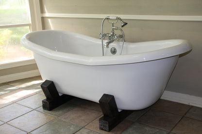 Restoria 68" Farmstead Double Slipper Bathtub with Wood Base – White Acrylic Freestanding Soaking Tub