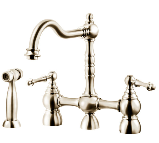 Houzer Kitchen Faucet – Nottingham Two Handle Traditional Brass Bridge Faucet with Side Spray in Polished Nickel