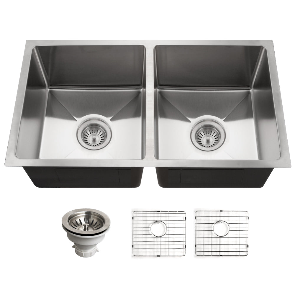 Houzer Nouvelle 31 inch Stainless Steel Undermount 50/50 Double Bowl Kitchen Sink with Strainer & Grid - NOD-4200-1