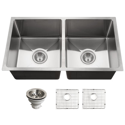 Houzer Nouvelle 31 inch Stainless Steel Undermount 50/50 Double Bowl Kitchen Sink with Strainer & Grid - NOD-4200-1