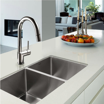 Houzer Nouvelle 31 inch Stainless Steel Undermount 50/50 Double Bowl Kitchen Sink with Strainer & Grid - NOD-4200-1
