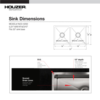 Houzer Nouvelle 31 inch Stainless Steel Undermount 50/50 Double Bowl Kitchen Sink with Strainer & Grid - NOD-4200-1