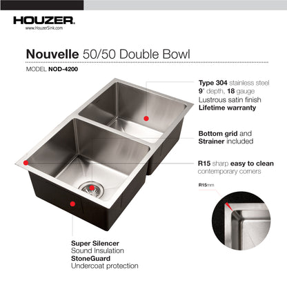 Houzer Nouvelle 31 inch Stainless Steel Undermount 50/50 Double Bowl Kitchen Sink with Strainer & Grid - NOD-4200-1