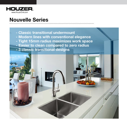 Houzer Nouvelle 31 inch Stainless Steel Undermount 50/50 Double Bowl Kitchen Sink with Strainer & Grid - NOD-4200-1