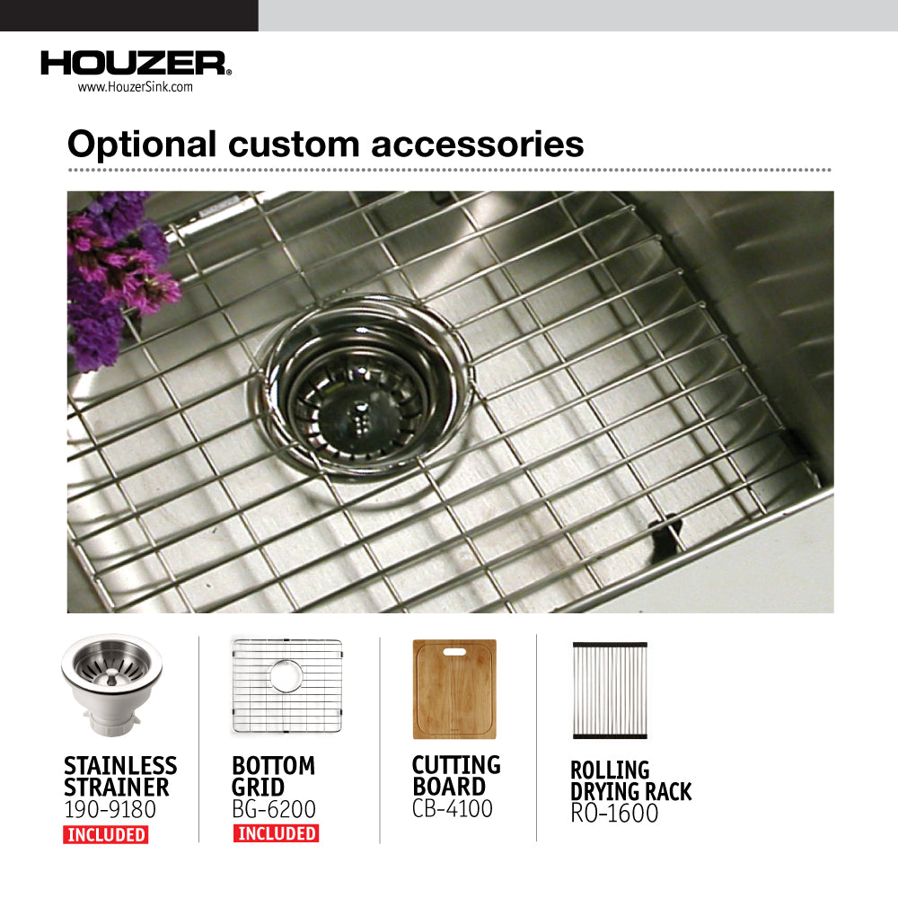 Houzer Nouvelle 31 inch Stainless Steel Undermount 50/50 Double Bowl Kitchen Sink with Strainer & Grid - NOD-4200-1