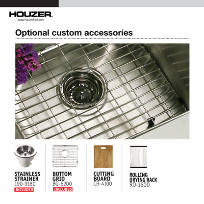 Houzer Nouvelle 31 inch Stainless Steel Undermount 50/50 Double Bowl Kitchen Sink with Strainer & Grid - NOD-4200-1