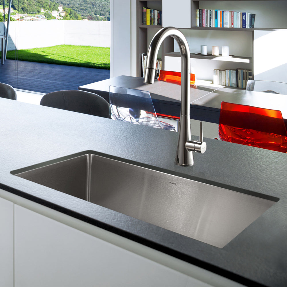Houzer NOG-4150-1 Nouvelle 31 inch Stainless Steel Undermount Single Bowl Kitchen Sink with Strainer & Grid - NOG-4150-1