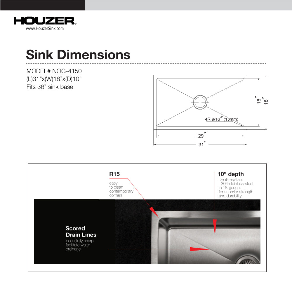 Houzer NOG-4150-1 Nouvelle 31 inch Stainless Steel Undermount Single Bowl Kitchen Sink with Strainer & Grid - NOG-4150-1