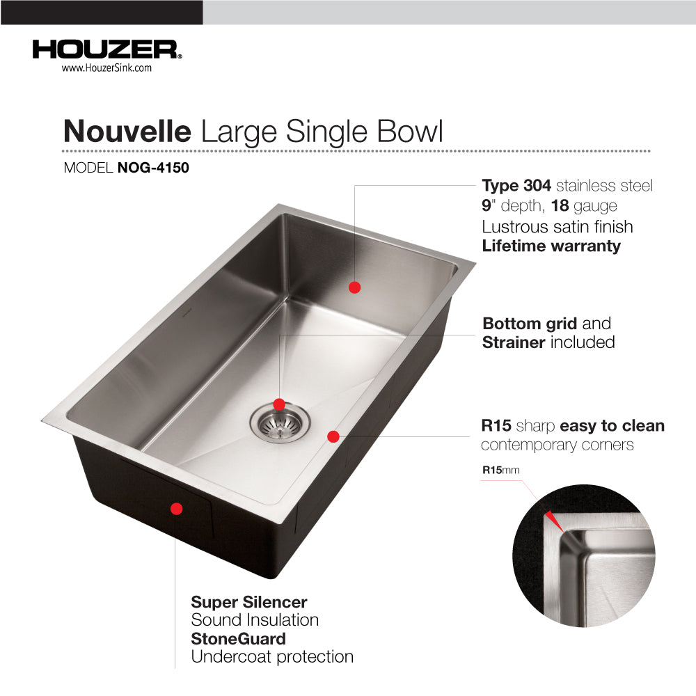 Houzer NOG-4150-1 Nouvelle 31 inch Stainless Steel Undermount Single Bowl Kitchen Sink with Strainer & Grid - NOG-4150-1