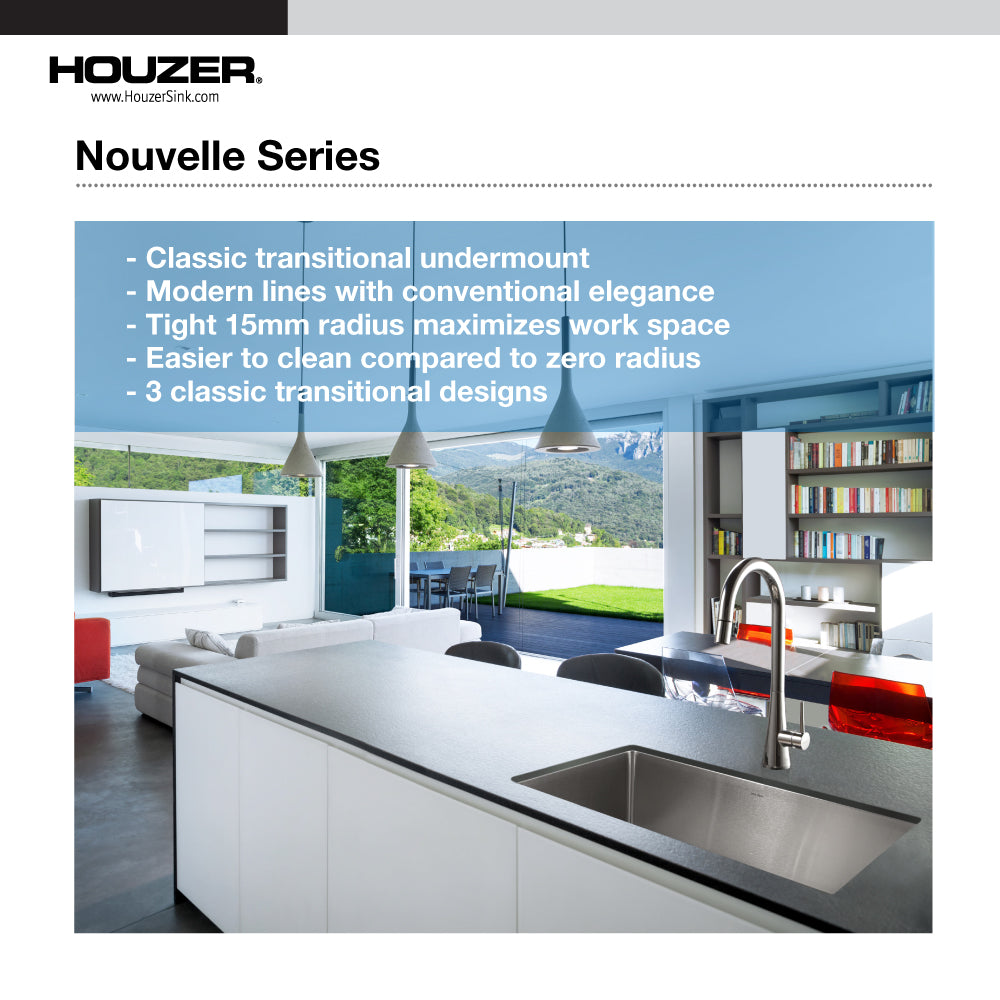 Houzer NOG-4150-1 Nouvelle 31 inch Stainless Steel Undermount Single Bowl Kitchen Sink with Strainer & Grid - NOG-4150-1