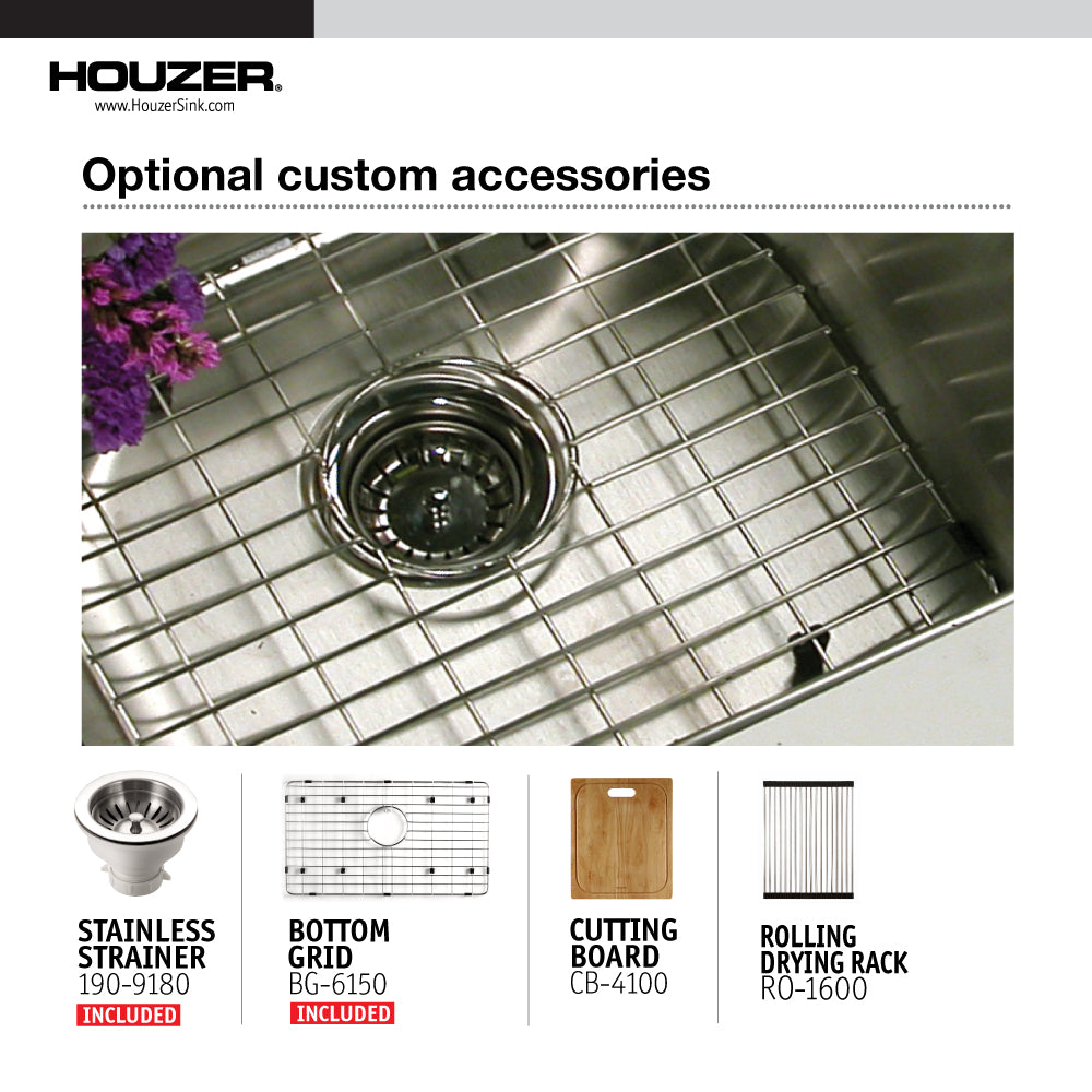 Houzer NOG-4150-1 Nouvelle 31 inch Stainless Steel Undermount Single Bowl Kitchen Sink with Strainer & Grid - NOG-4150-1