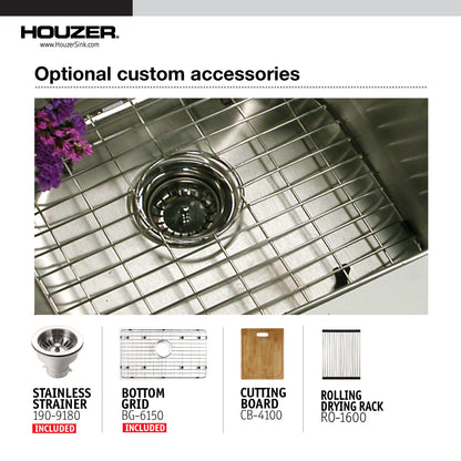 Houzer NOG-4150-1 Nouvelle 31 inch Stainless Steel Undermount Single Bowl Kitchen Sink with Strainer & Grid - NOG-4150-1